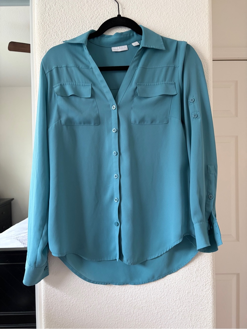 New York & Company Teal Button-Front Blouse